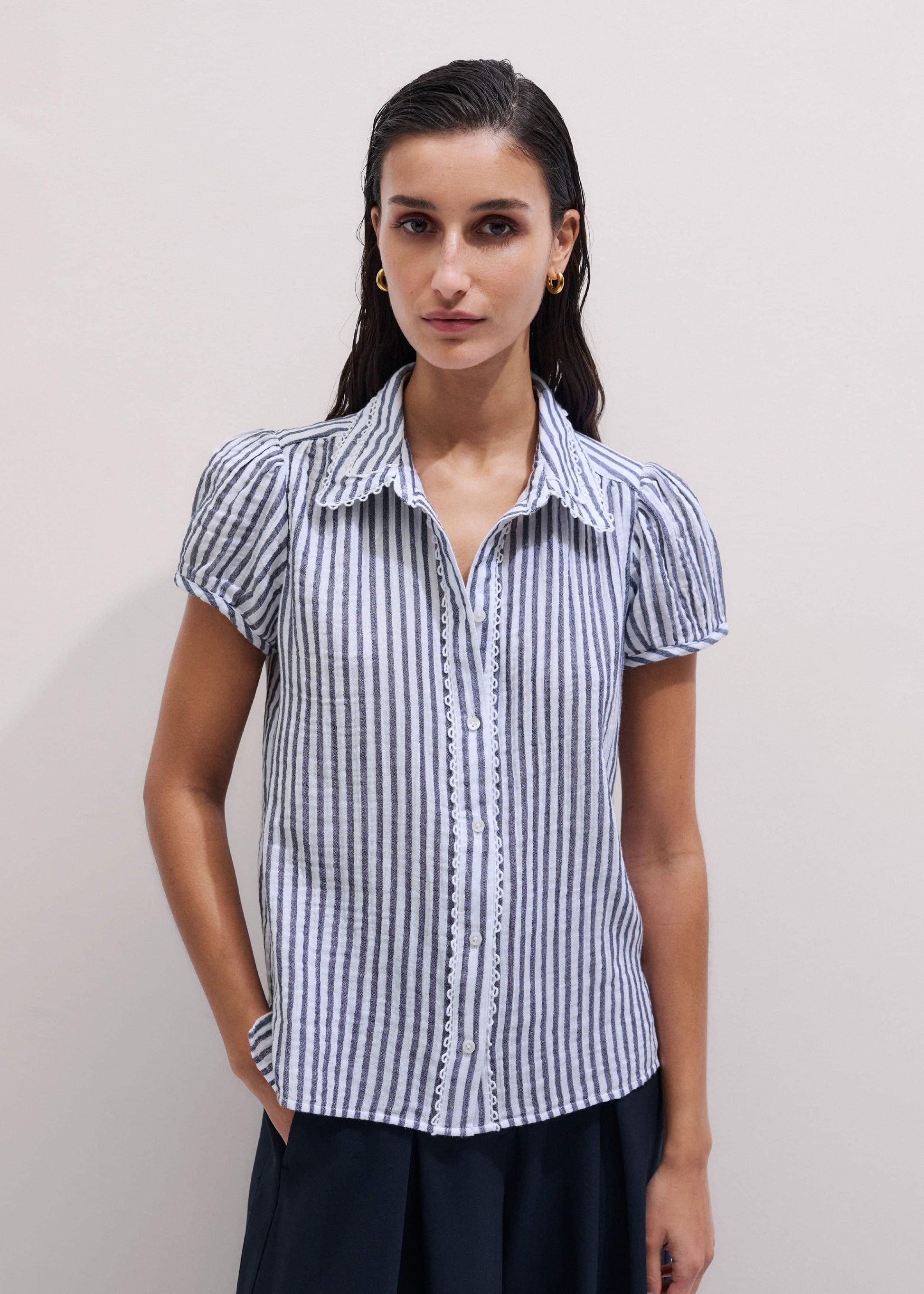 Navy Cheesecloth Stripe Cap-Sleeve Blouse