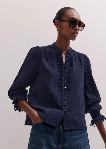 Navy Cheesecloth Intricate Detail Blouse
