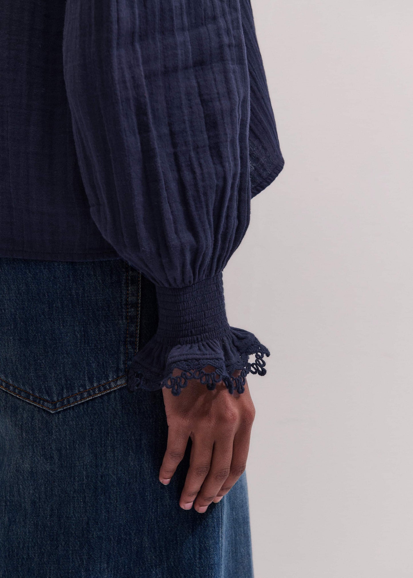 Navy Cheesecloth Intricate Detail Blouse