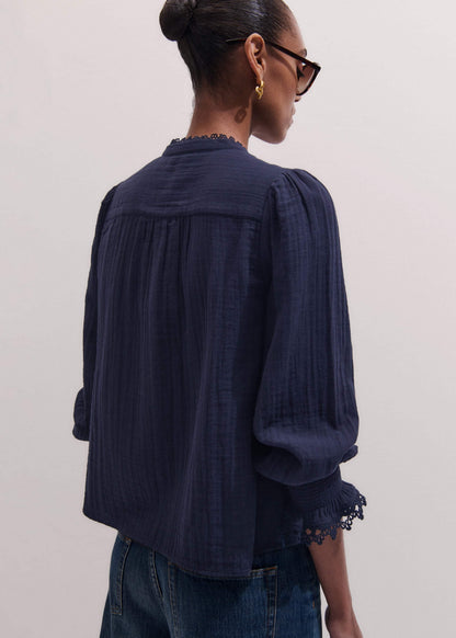 Navy Cheesecloth Intricate Detail Blouse