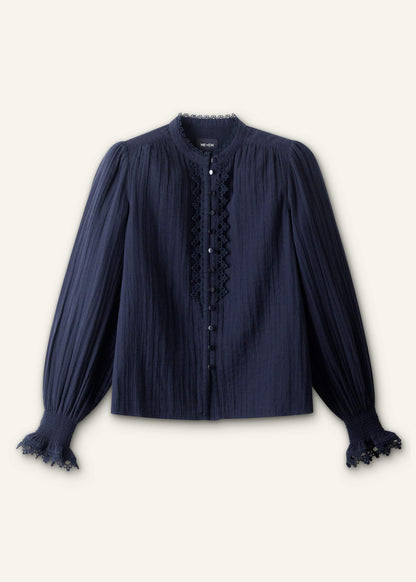 Navy Cheesecloth Intricate Detail Blouse
