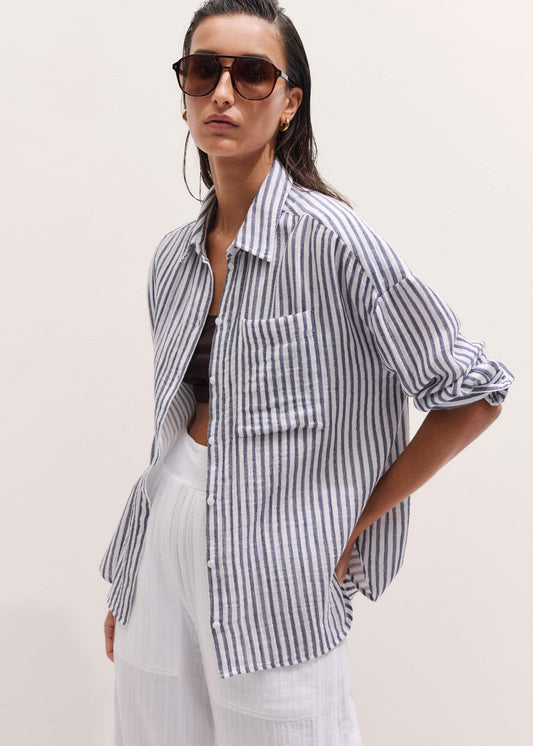 Navy Cheesecloth Relaxed Stripe Shirt