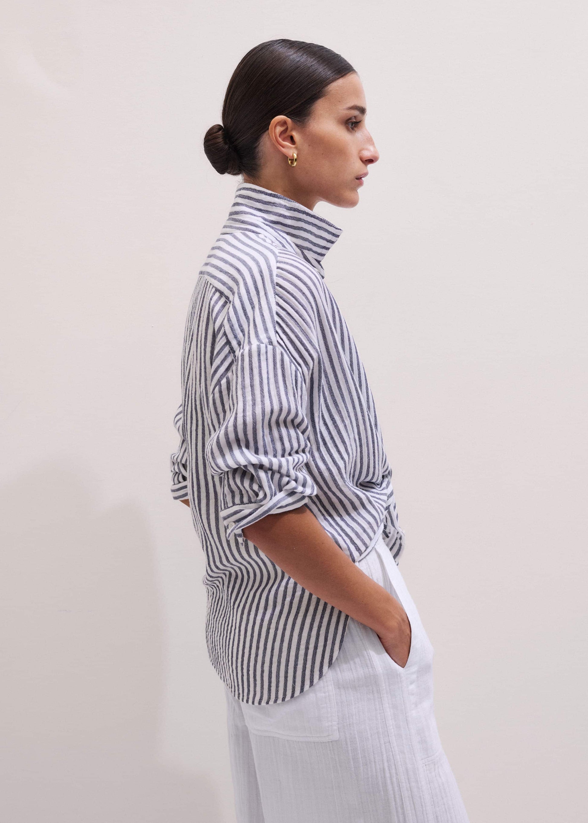 Navy Cheesecloth Relaxed Stripe Shirt