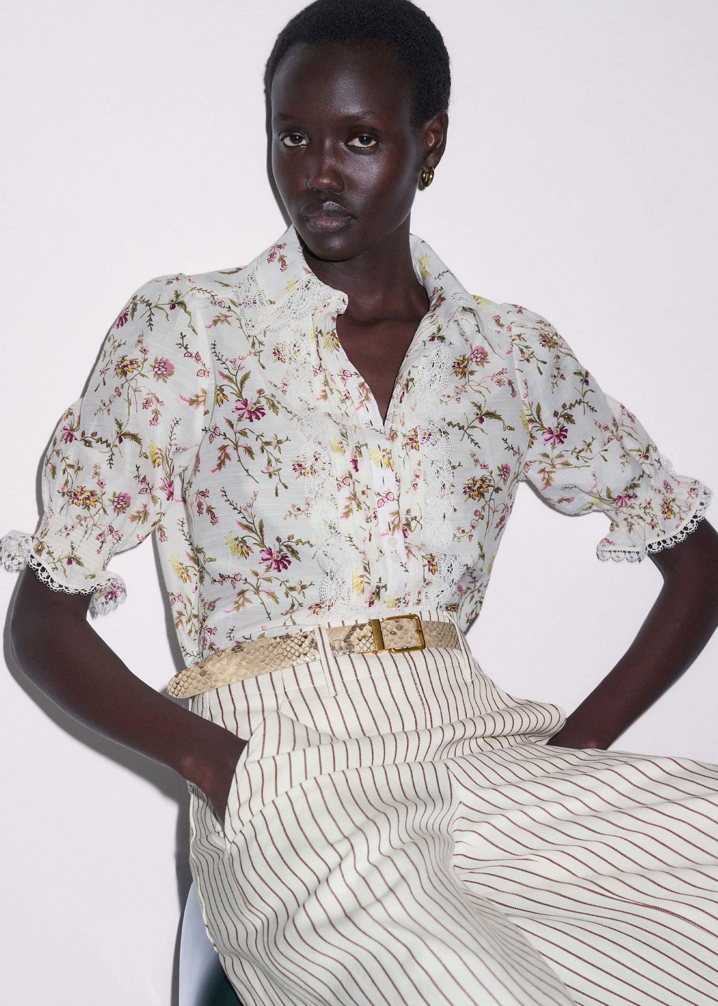 Cream Silk Cotton Wild Spring Floral Print Blouse