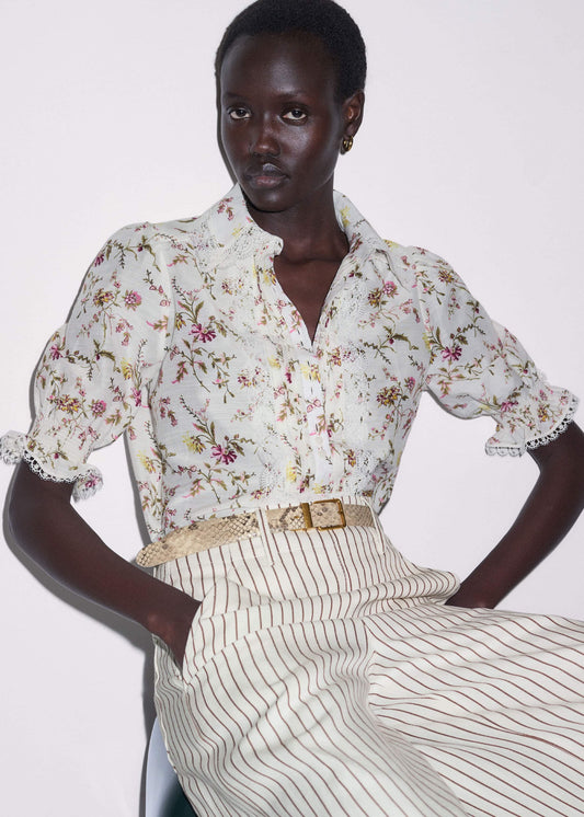 Cream Silk Cotton Wild Spring Floral Print Blouse