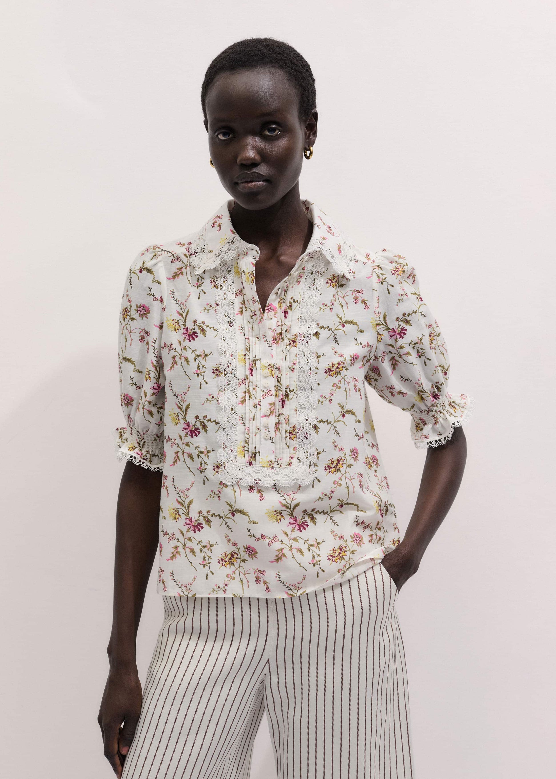 Cream Silk Cotton Wild Spring Floral Print Blouse