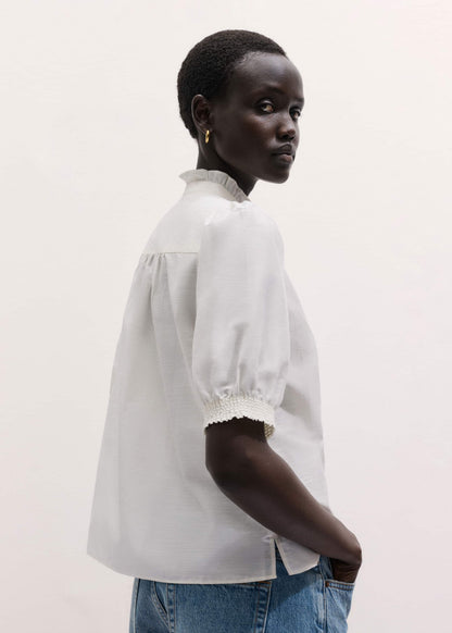 White Silk + Cotton Pintuck Detail Straight Blouse