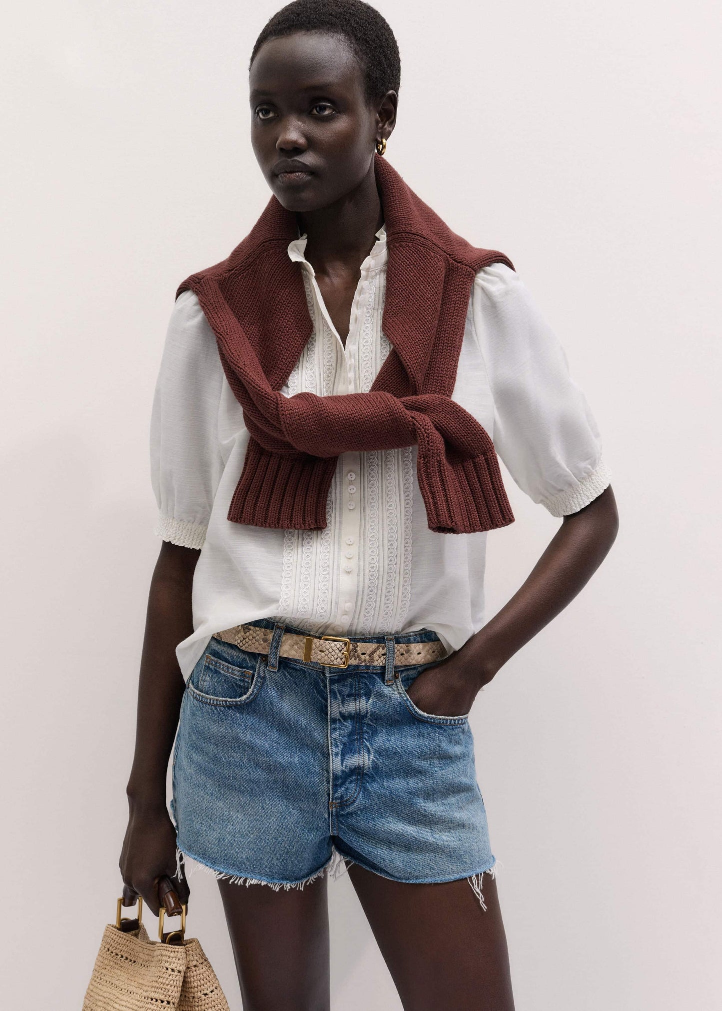White Silk + Cotton Pintuck Detail Straight Blouse