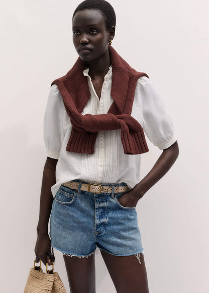 White Silk + Cotton Pintuck Detail Straight Blouse