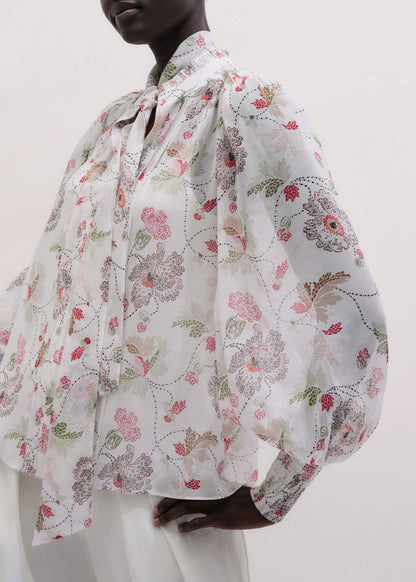 Cream Silk Balloon Sleeve Blouse