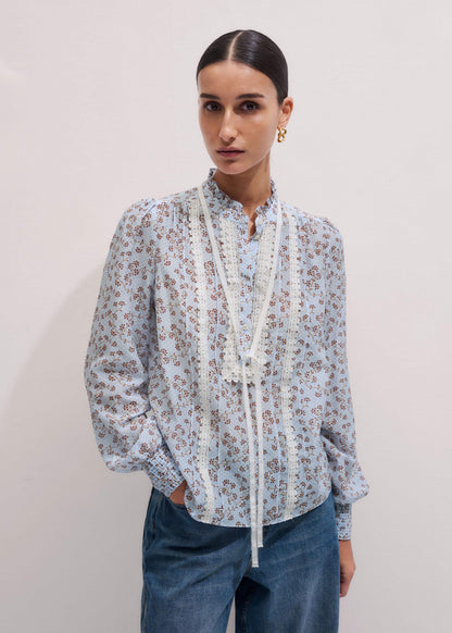 Blue Scallop Daisy Print Trim Detail Blouse + Tie