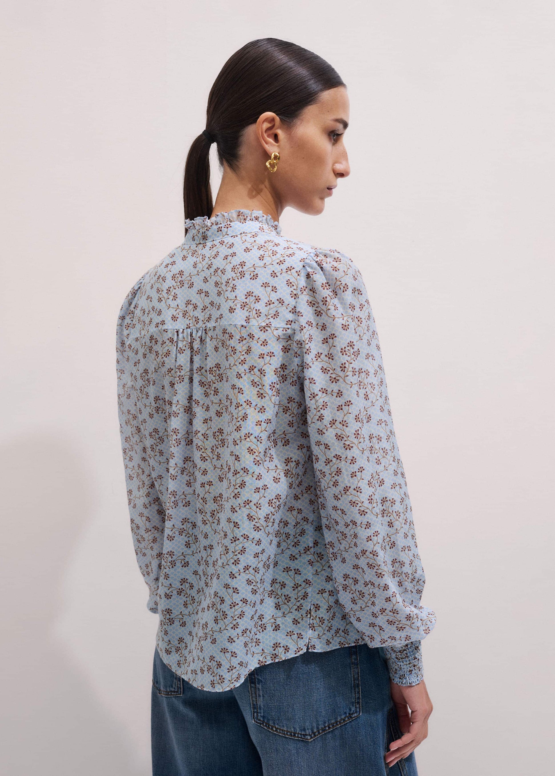 Blue Scallop Daisy Print Trim Detail Blouse + Tie