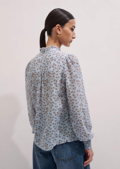 Blue Scallop Daisy Print Trim Detail Blouse + Tie