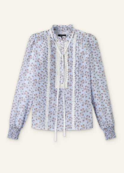 Blue Scallop Daisy Print Trim Detail Blouse + Tie