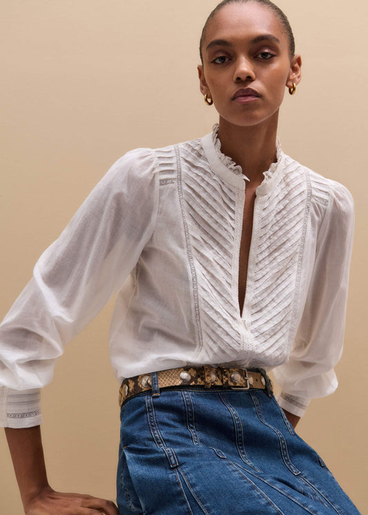 White Delicate Pintucked High-Neck Top