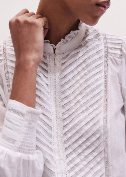 White Delicate Pintucked High-Neck Top