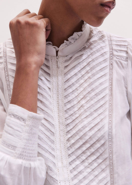 White Delicate Pintucked High-Neck Top