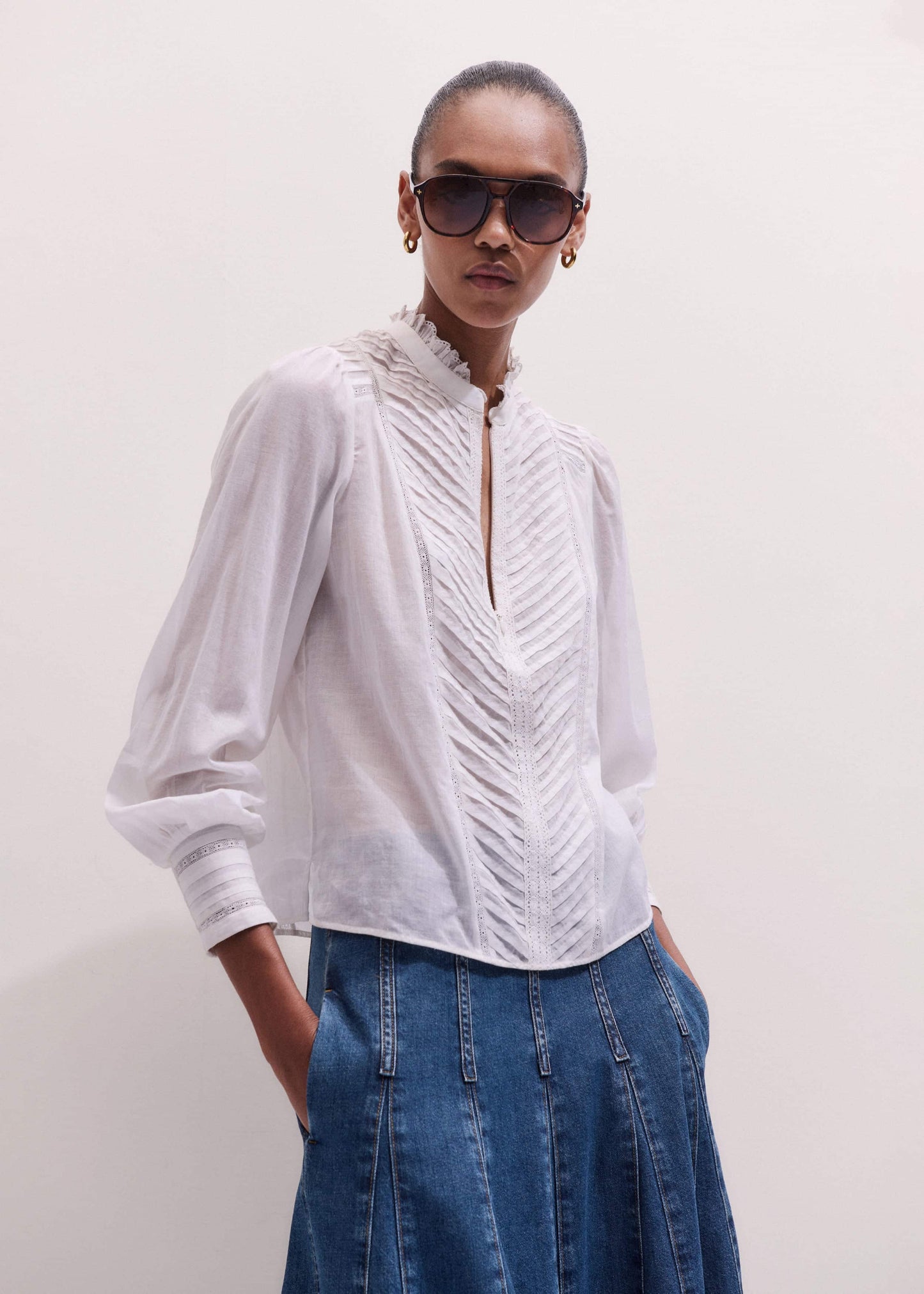 White Delicate Pintucked High-Neck Top
