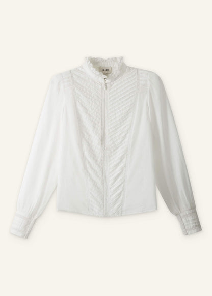 White Delicate Pintucked High-Neck Top