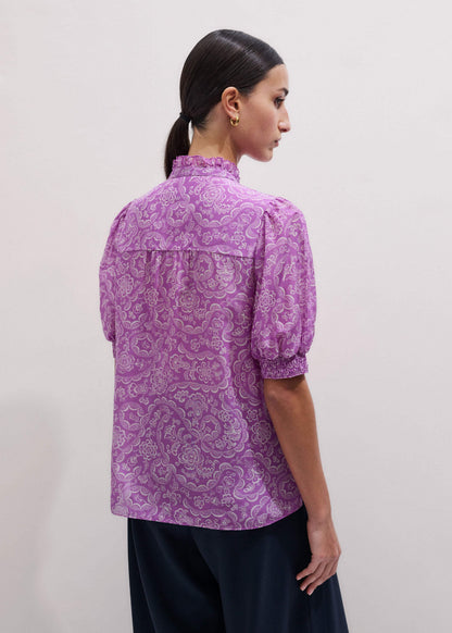 Purple Silk Cotton Entangled Lace Print Straight Blouse