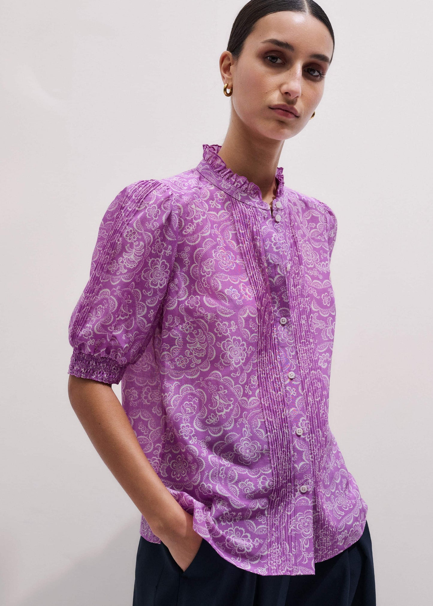 Purple Silk Cotton Entangled Lace Print Straight Blouse