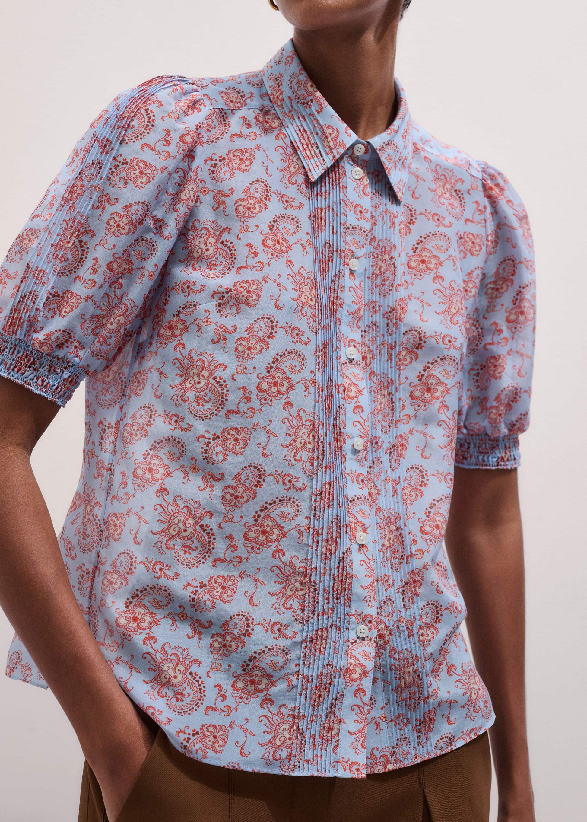 Blue Silk Cotton Gilded Paisley Print Straight Blouse