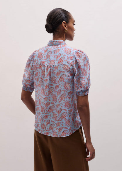 Blue Silk Cotton Gilded Paisley Print Straight Blouse