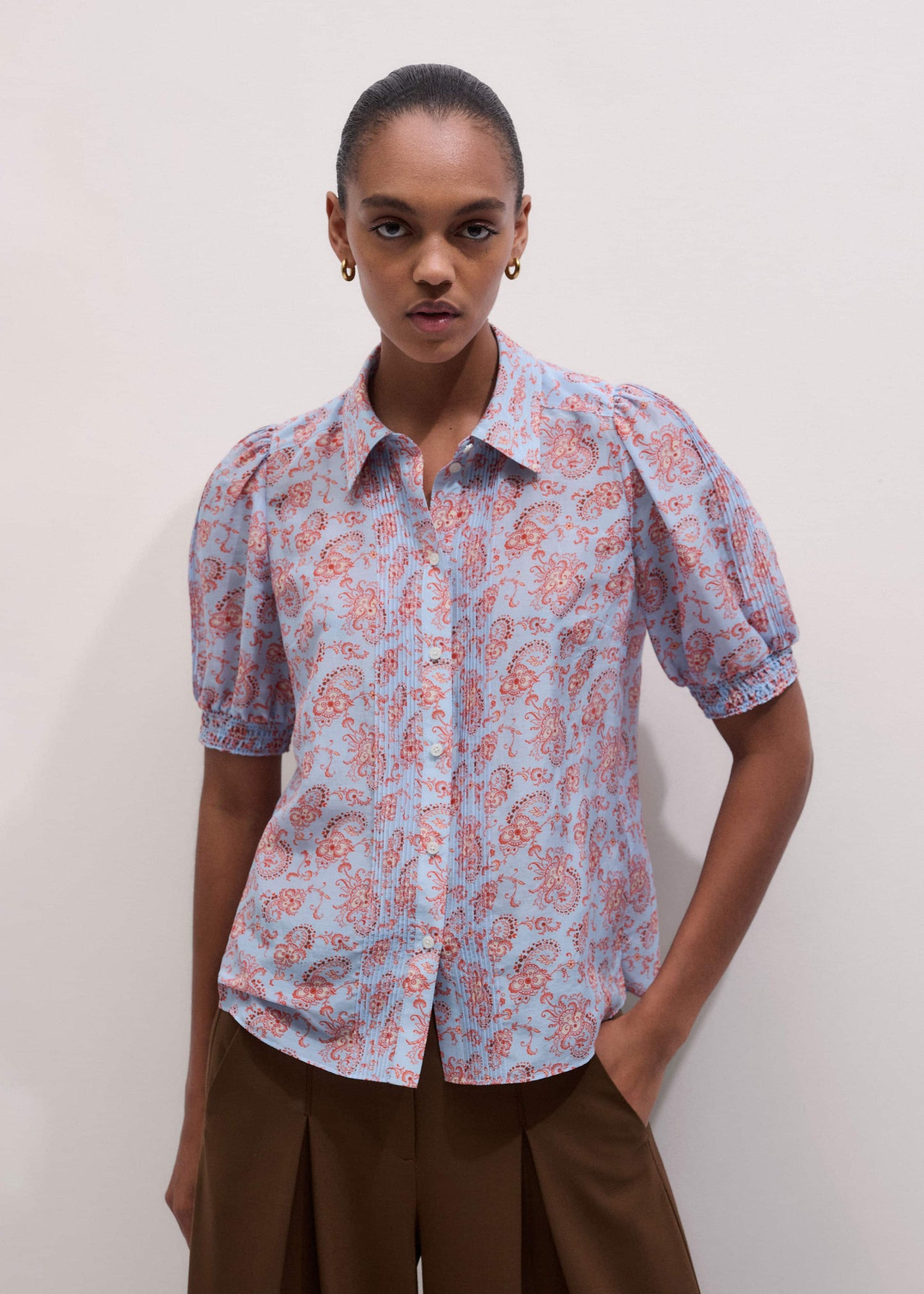 Blue Silk Cotton Gilded Paisley Print Straight Blouse