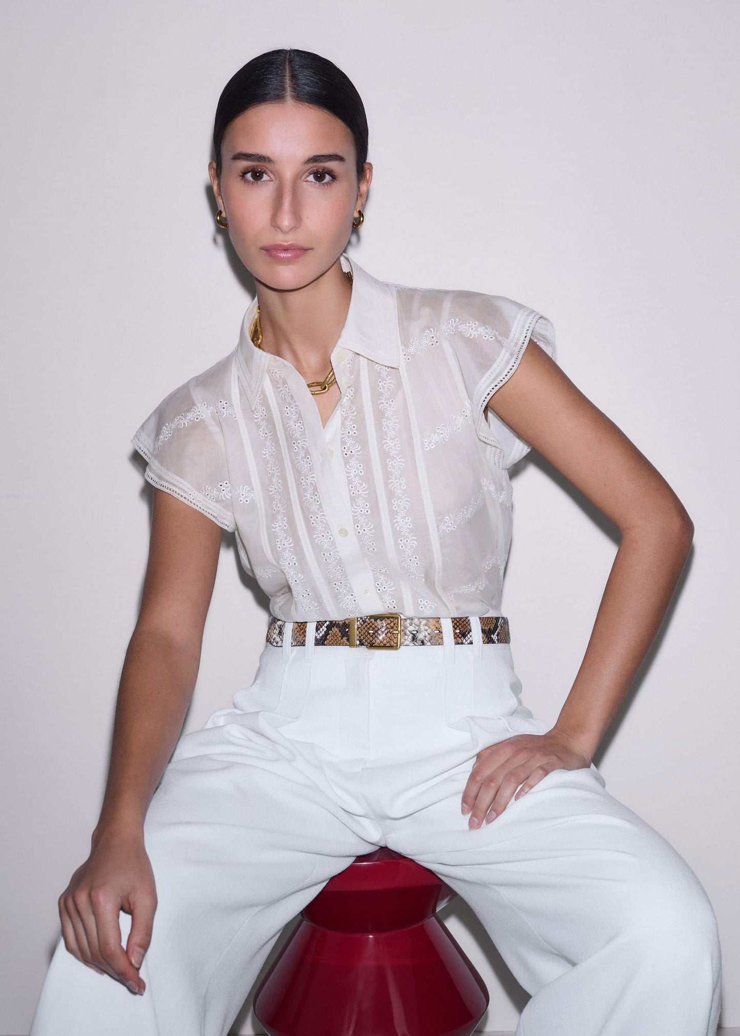Cream Silk Cotton Embroidery Collar Swing Blouse