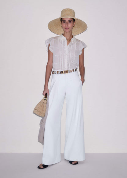 Cream Silk Cotton Embroidery Collar Swing Blouse