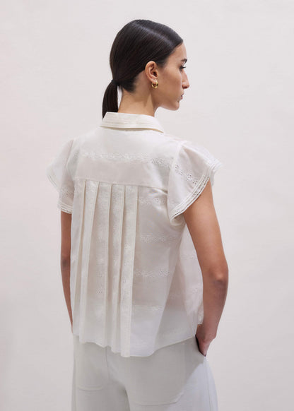 Cream Silk Cotton Embroidery Collar Swing Blouse