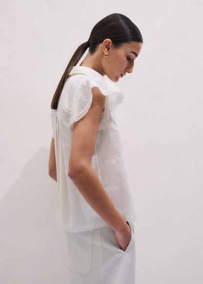 Cream Silk Cotton Embroidery Collar Swing Blouse