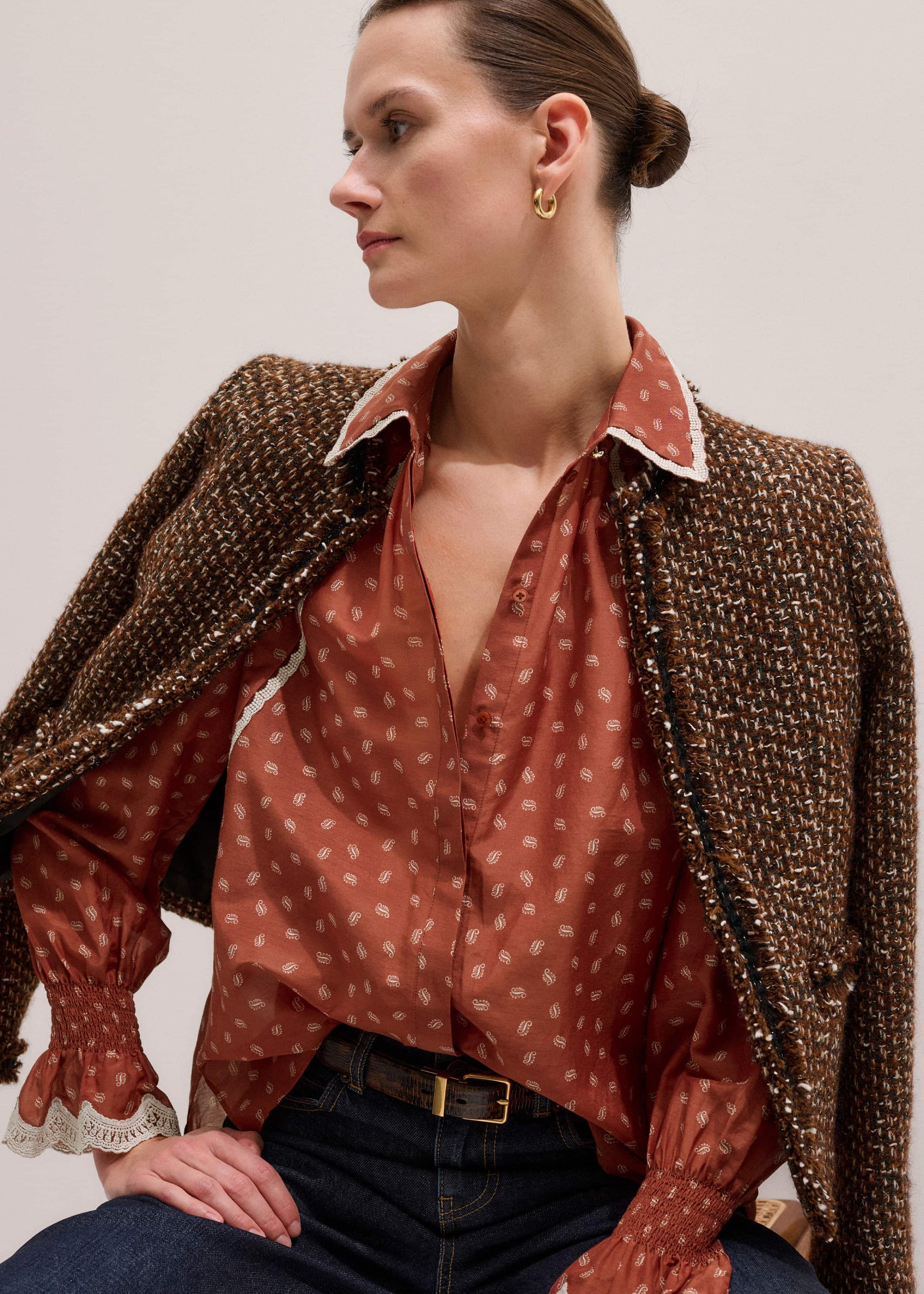 Orange Spaced Paisley Motif Print Blouse