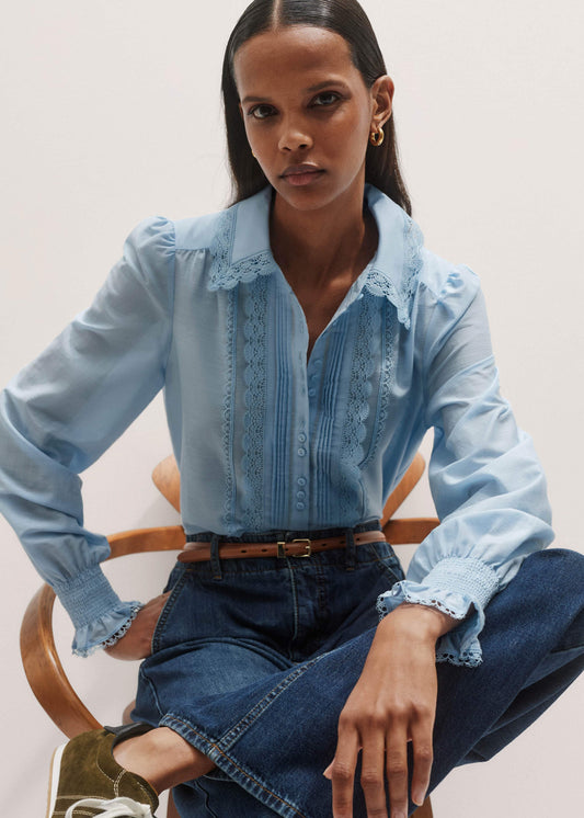 Blue Silk Cotton Lace Trim Straight Blouse