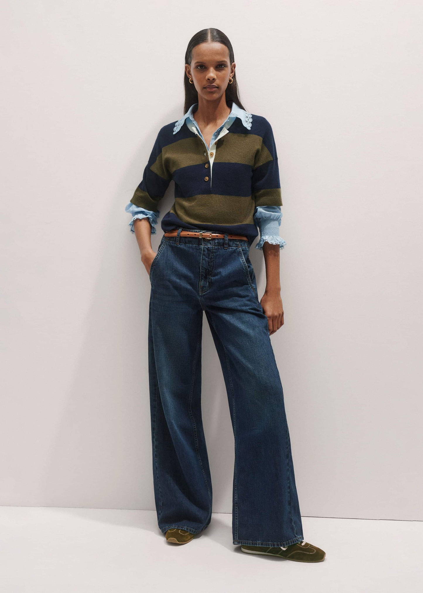 Blue Silk Cotton Lace Trim Straight Blouse