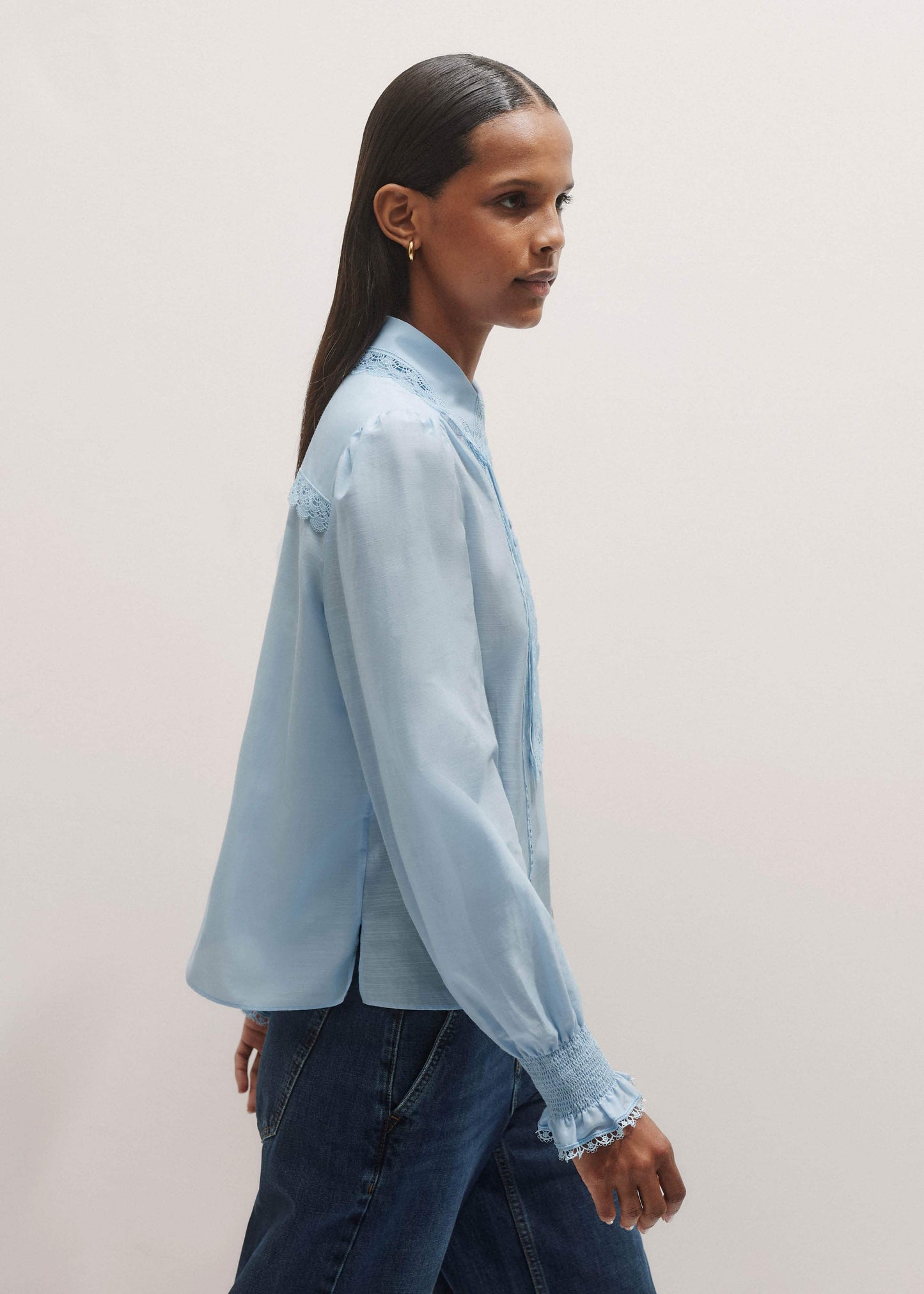 Blue Silk Cotton Lace Trim Straight Blouse