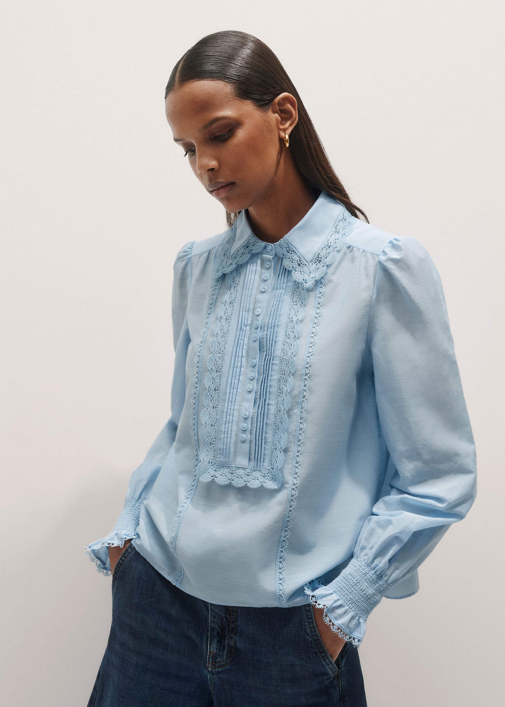 Blue Silk Cotton Lace Trim Straight Blouse