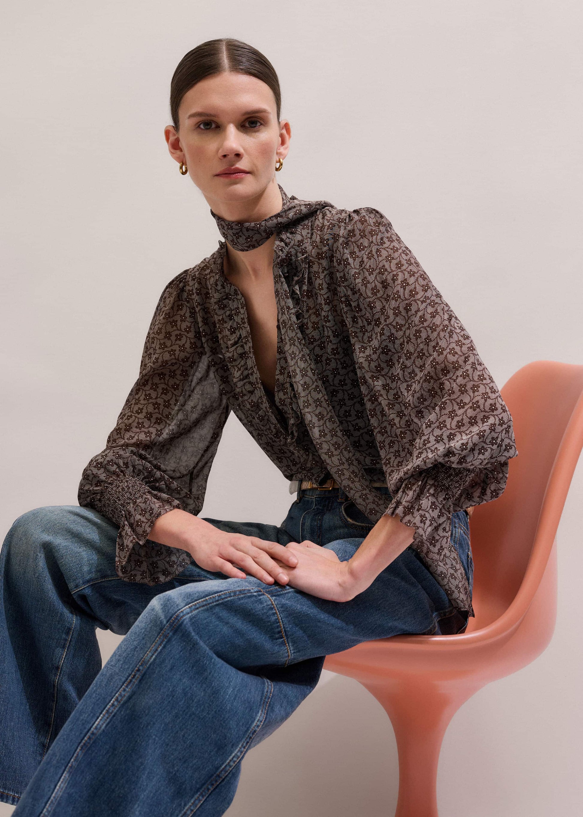 Brown Silk Lace Print Straight In-The-Details Blouse