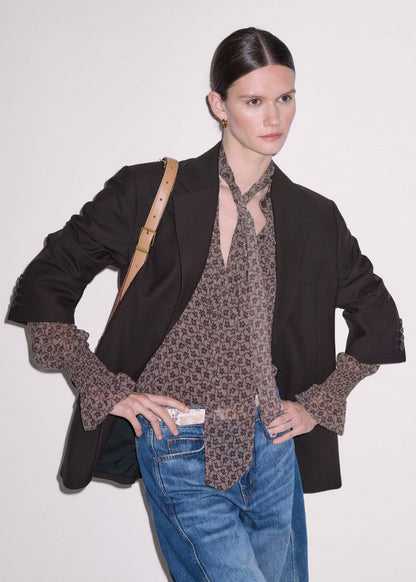 Brown Silk Lace Print Straight In-The-Details Blouse
