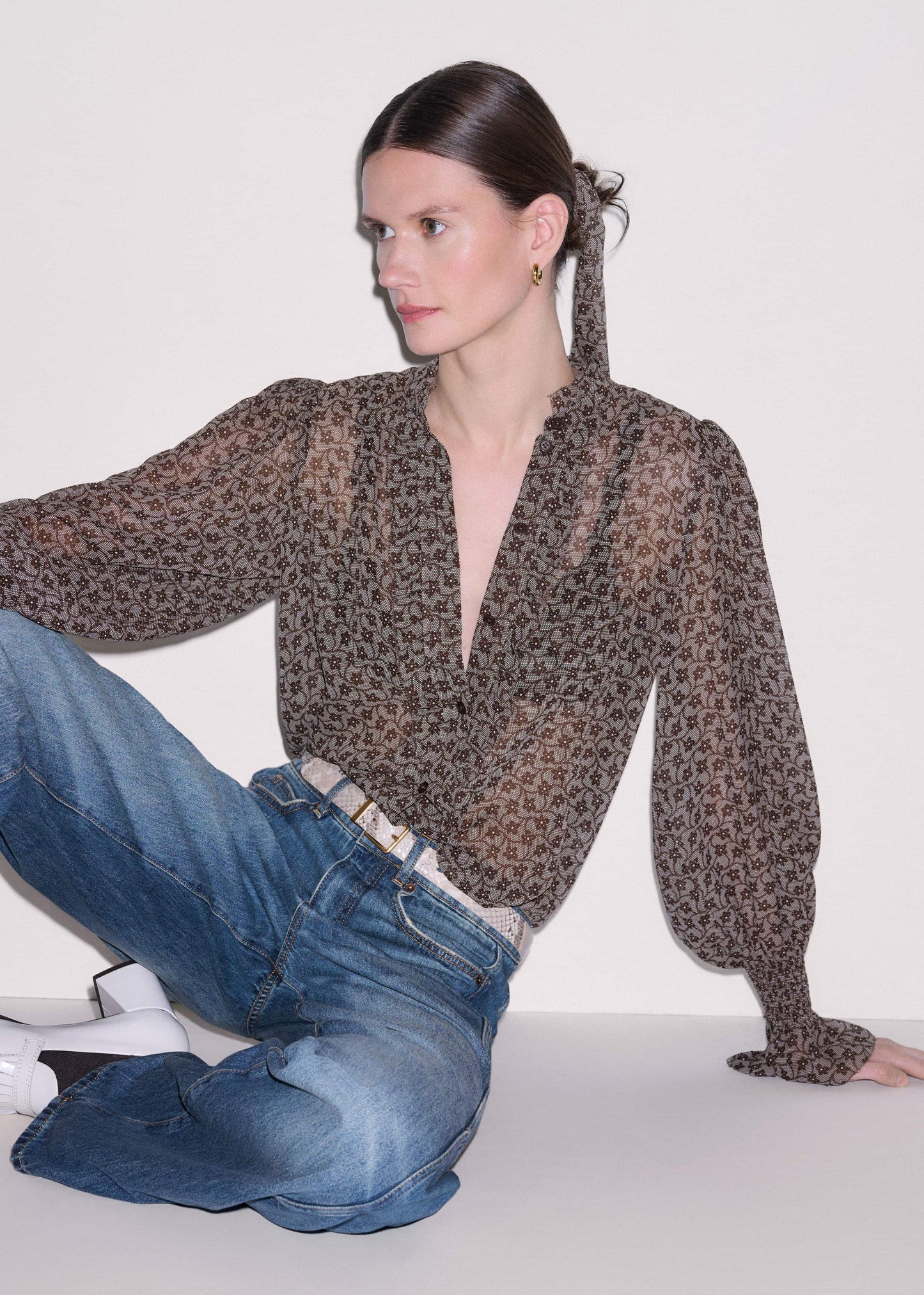 Brown Silk Lace Print Straight In-The-Details Blouse