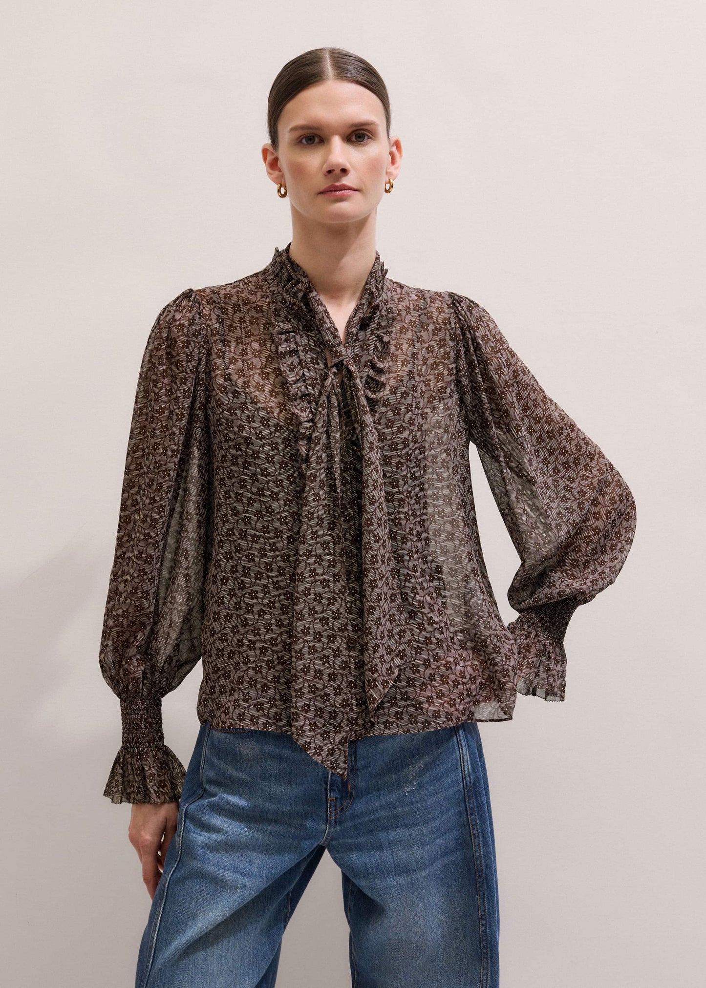 Brown Silk Lace Print Straight In-The-Details Blouse