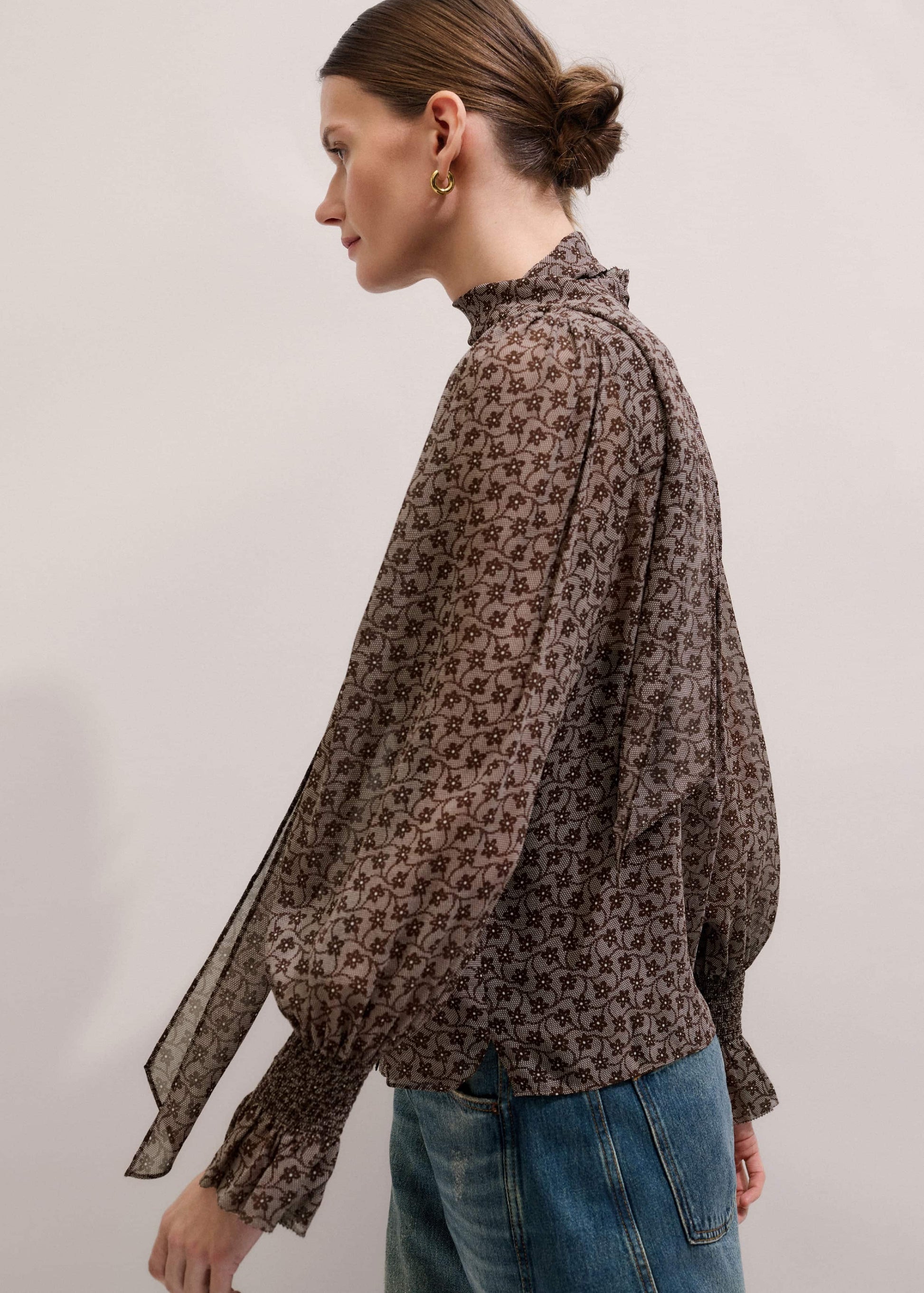 Brown Silk Lace Print Straight In-The-Details Blouse
