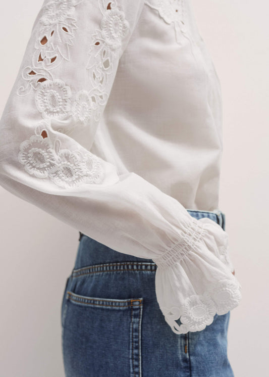 White Floral Embroidery Blouse