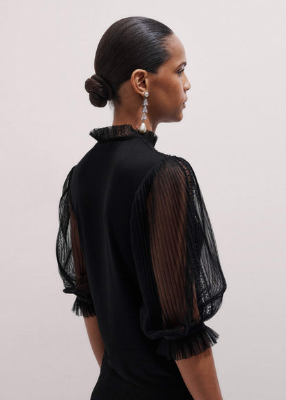 Black Lace Insert Tulle Layering Blouse