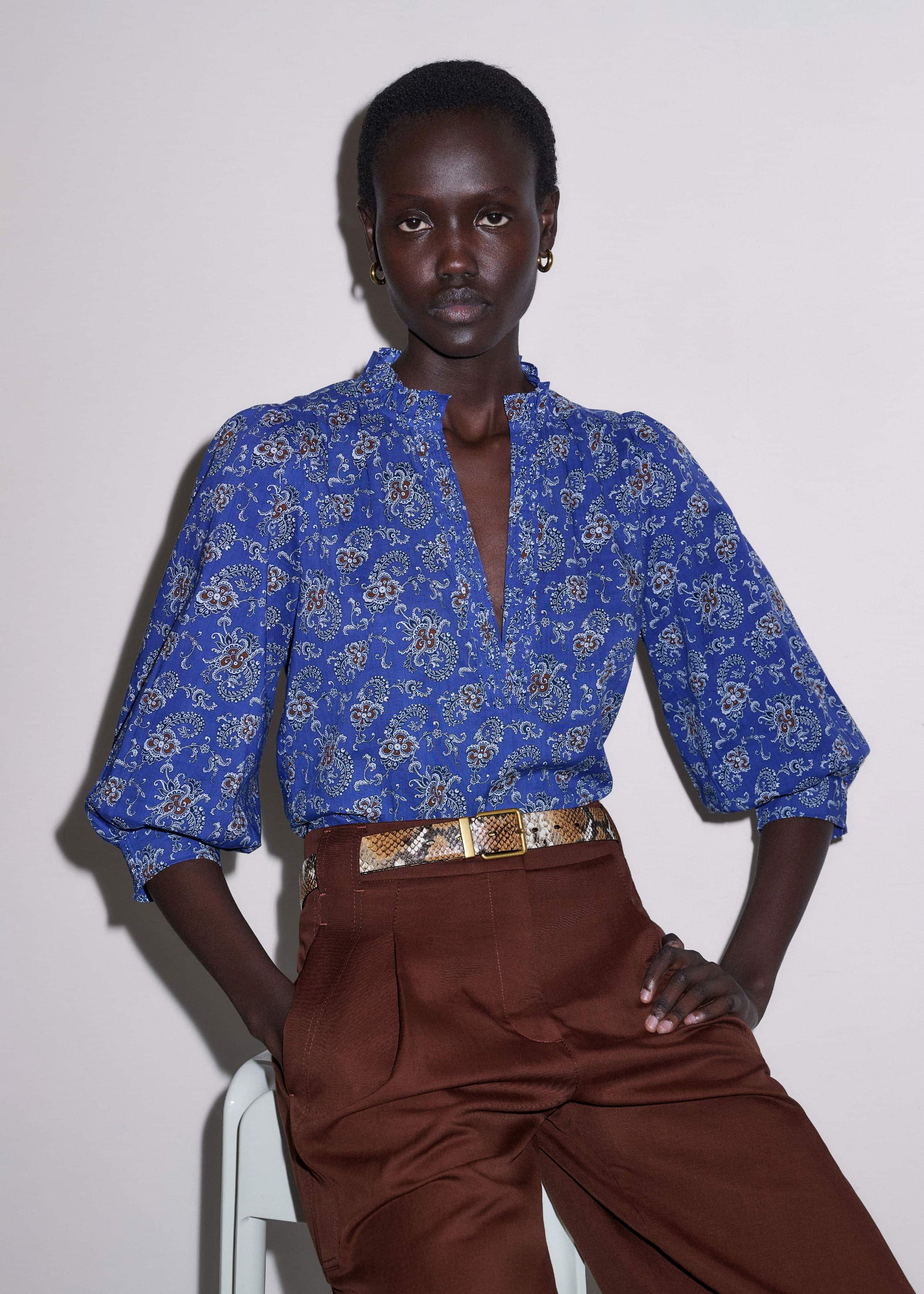 Blue Paisley Print Straight Blouse