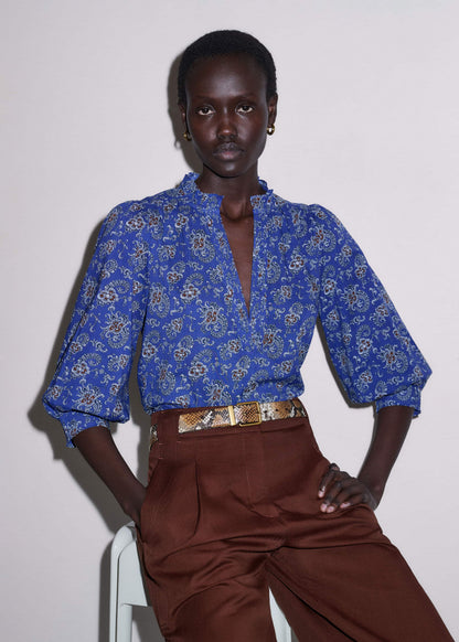 Blue Paisley Print Straight Blouse