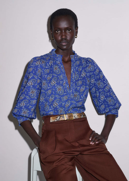 Blue Paisley Print Straight Blouse