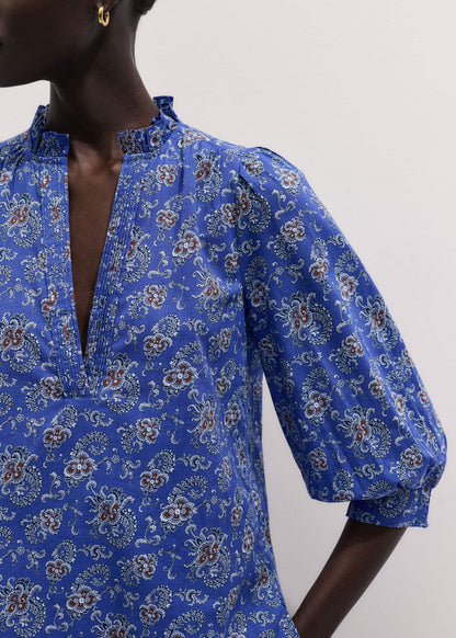 Blue Paisley Print Straight Blouse