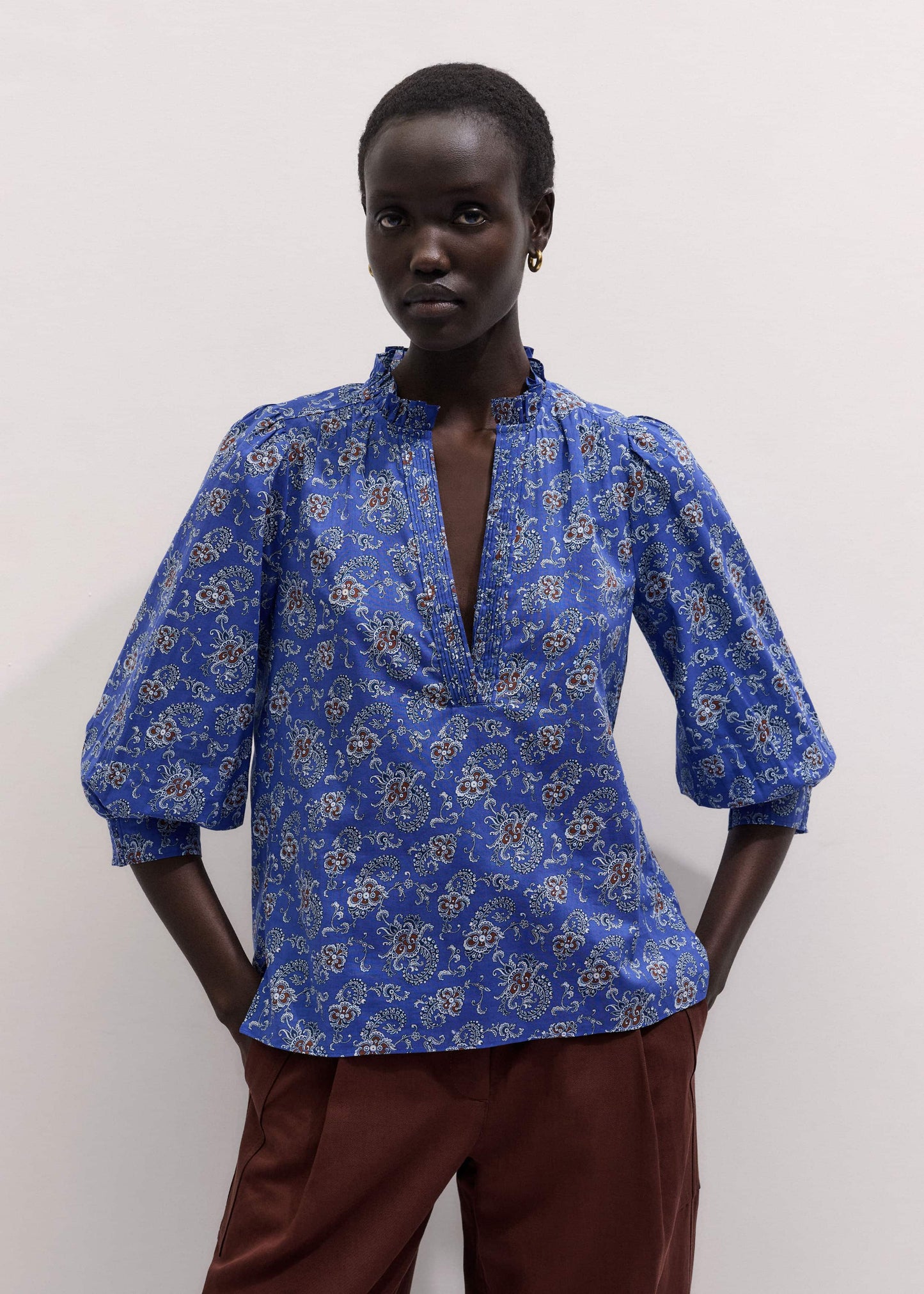 Blue Paisley Print Straight Blouse
