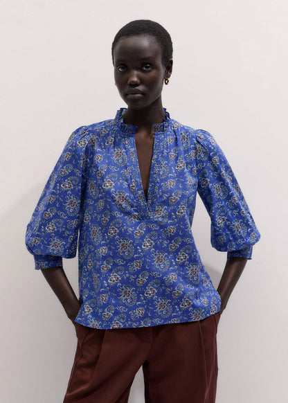 Blue Paisley Print Straight Blouse